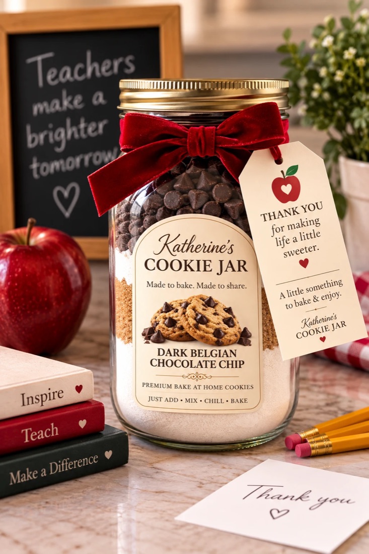 A Dark Belgian Chocolate Chip jar with a red velvet bow and a teacher thank-you tag, next to an apple, books and a chalkboard reading Teachers make a brighter tomorrow
